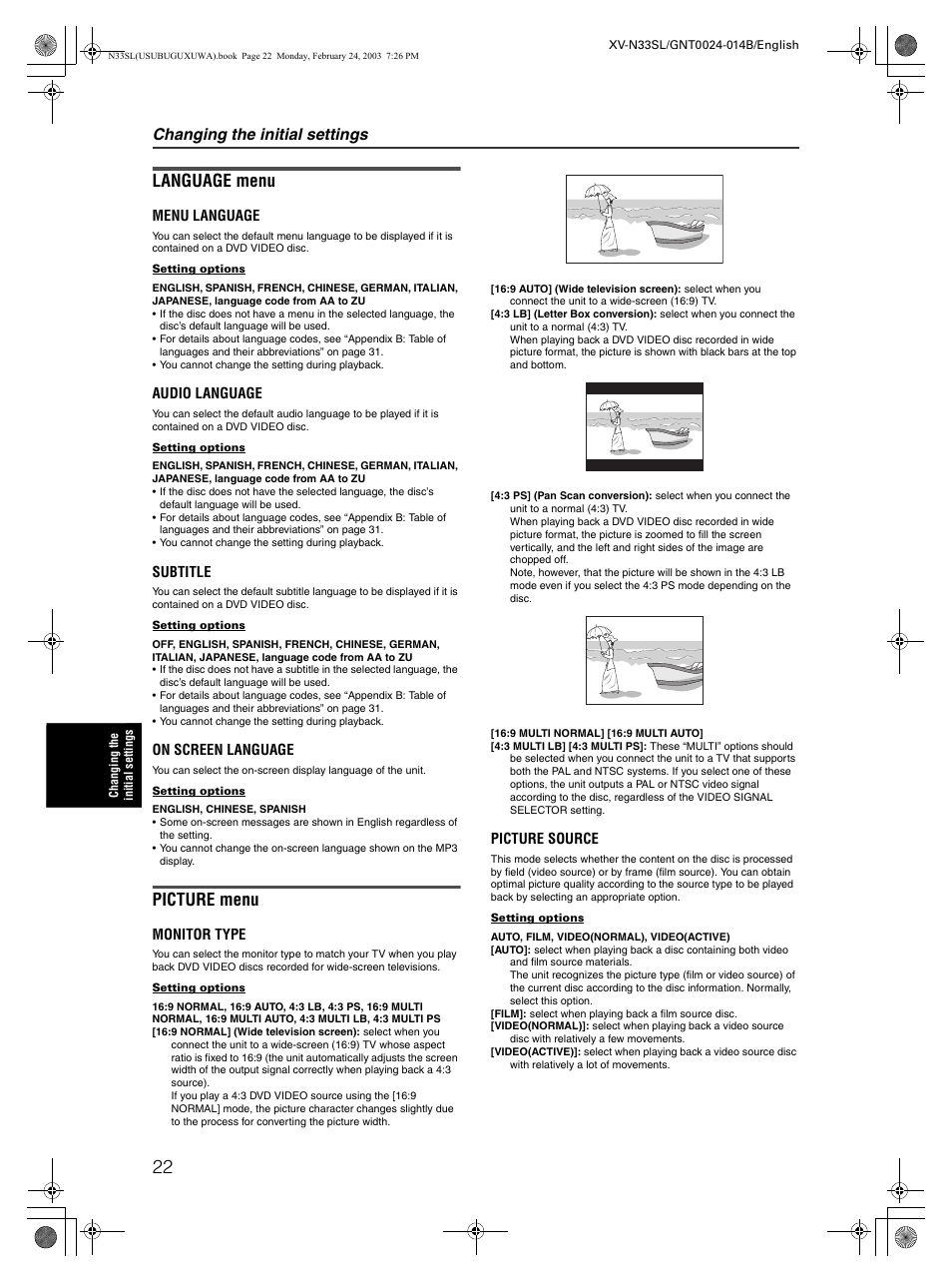 Language menu, Picture menu, Changing the initial settings | JVC XV-N33SL User Manual | Page 24 / 35