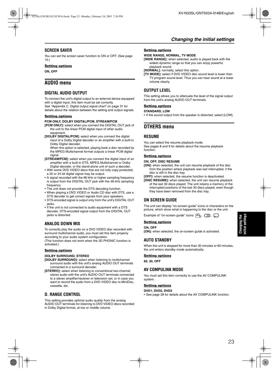 Audio menu, Others menu, Changing the initial settings | JVC XV-N33SL User Manual | Page 25 / 35