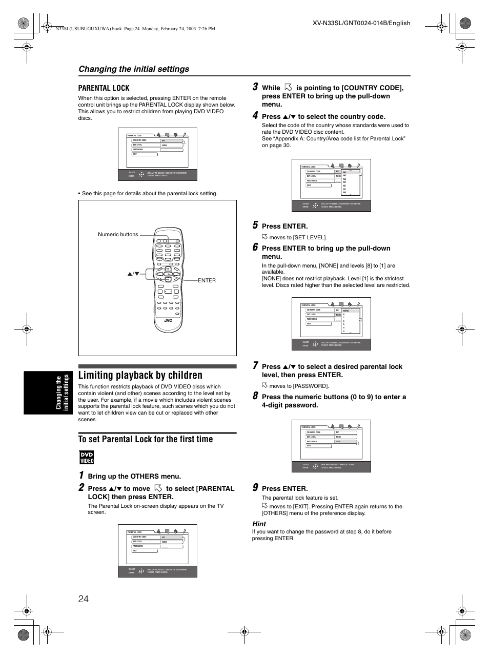 Limiting playback by children, Changing the initial settings, Parental lock | Bring up the others menu, Press 5 / ∞ to select the country code, Press enter, Press enter to bring up the pull-down menu, Hint | JVC XV-N33SL User Manual | Page 26 / 35