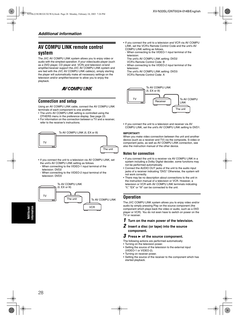 Av compu link remote control system, Connection and setup, Operation | Additional information | JVC XV-N33SL User Manual | Page 30 / 35