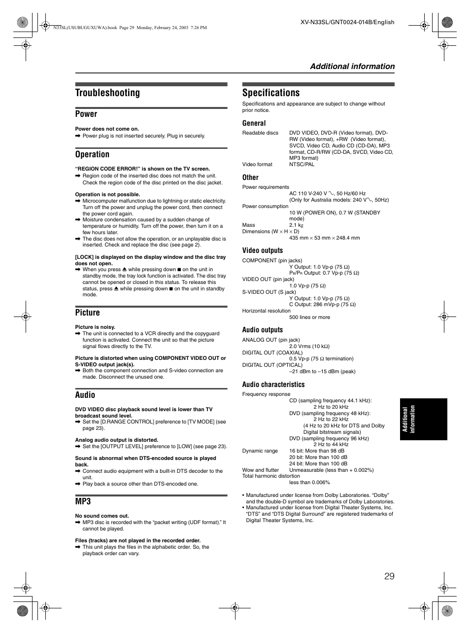 Troubleshooting, Specifications, Power | Operation, Picture, Audio, Additional information | JVC XV-N33SL User Manual | Page 31 / 35