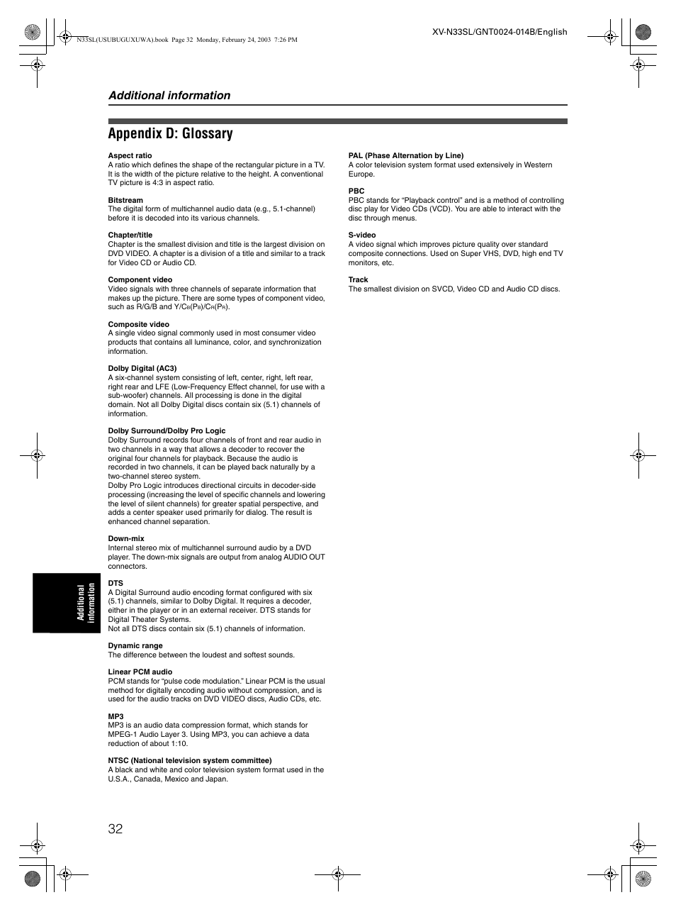 Appendix d: glossary, Additional information | JVC XV-N33SL User Manual | Page 34 / 35