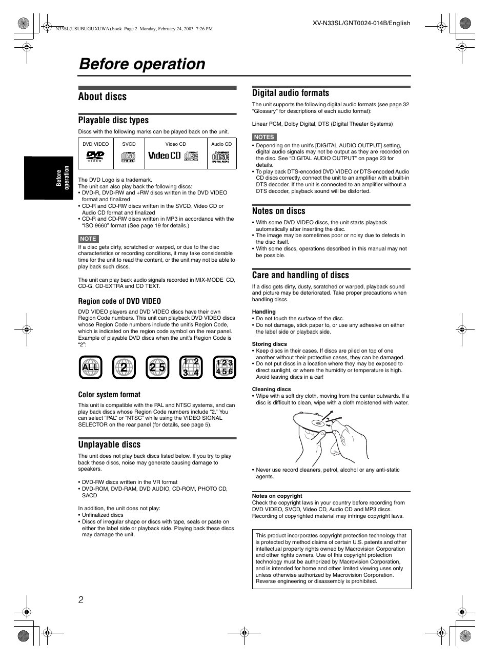 Before operation, About discs, Playable disc types | Unplayable discs, Digital audio formats, Care and handling of discs | JVC XV-N33SL User Manual | Page 4 / 35