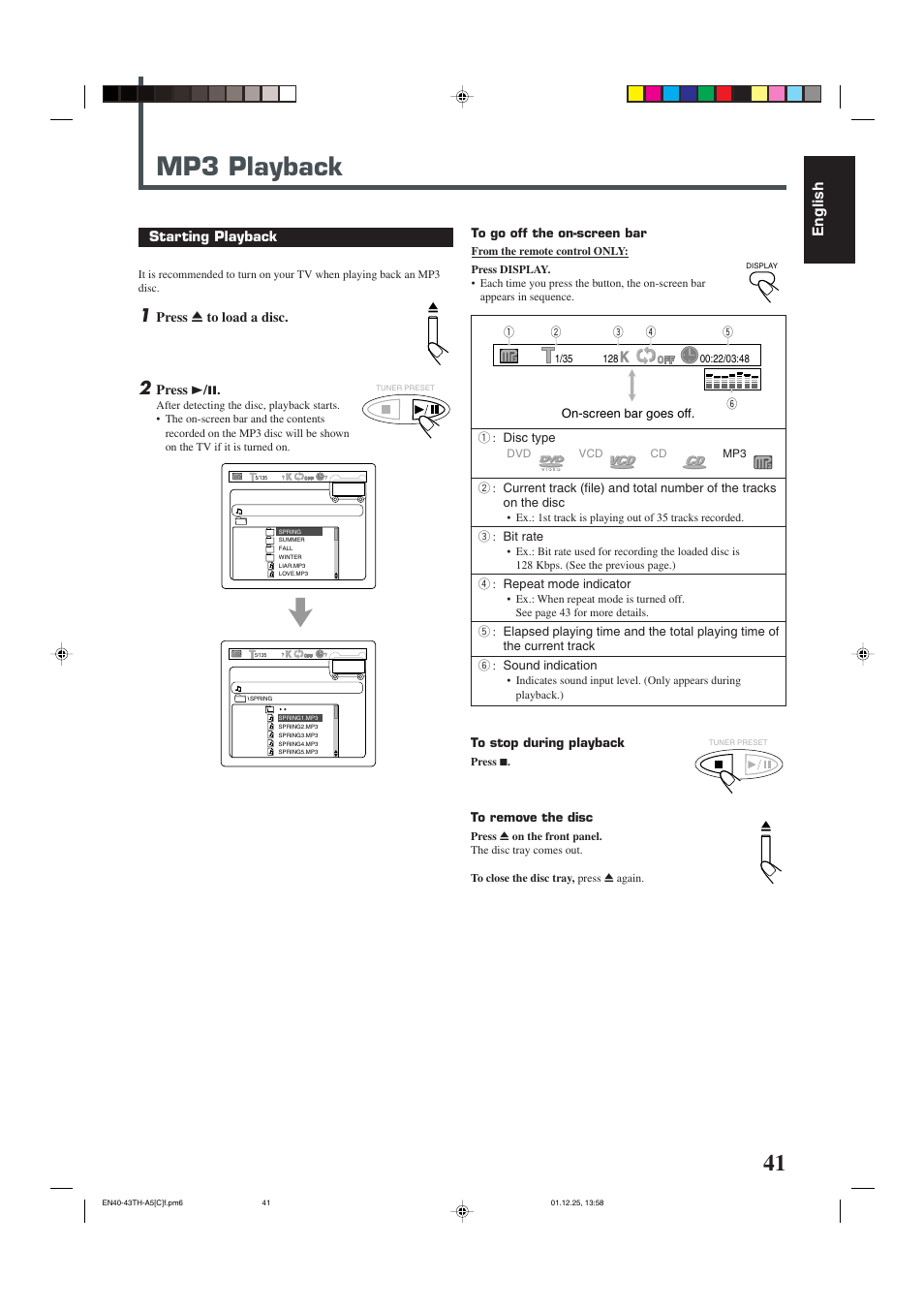 Mp3 playback, English, Starting playback | Press 0 to load a disc, Press 3 / 8 | JVC TH-45 User Manual | Page 103 / 117