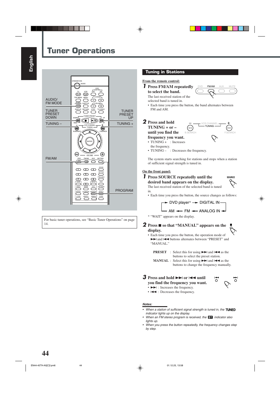Tuner operations, English, Tuning in stations | Press fm/am repeatedly to select the band, Press 7 so that “manual” appears on the display, Dvd player* digital in fm analog in am | JVC TH-45 User Manual | Page 106 / 117