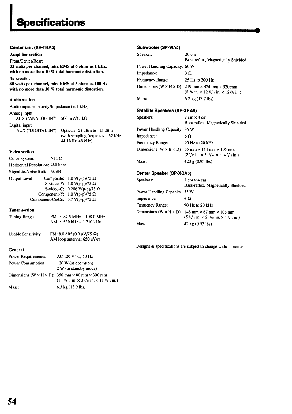 Specfications | JVC TH-45 User Manual | Page 56 / 117