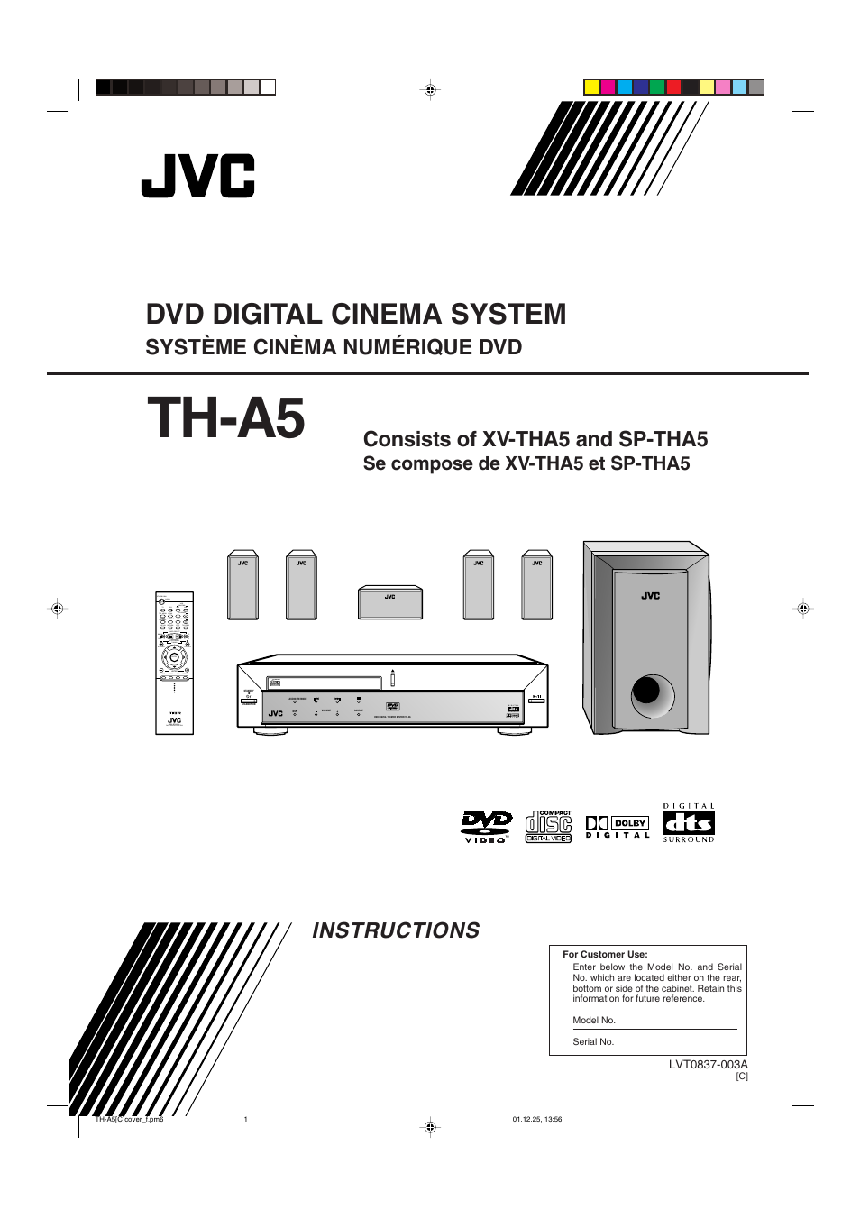 C version, Top cover, Th-a5 | Dvd digital cinema system, Instructions, Consists of xv-tha5 and sp-tha5, Système cinèma numérique dvd, Se compose de xv-tha5 et sp-tha5, Compact digital video, Dvd theater system | JVC TH-45 User Manual | Page 60 / 117