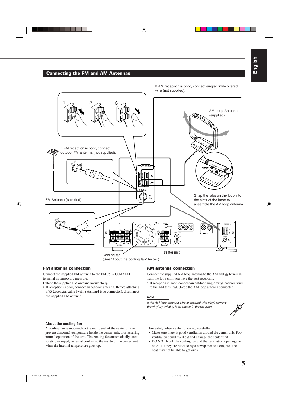 English 1 2 3, Connecting the fm and am antennas, Am antenna connection | Fm antenna connection | JVC TH-45 User Manual | Page 67 / 117