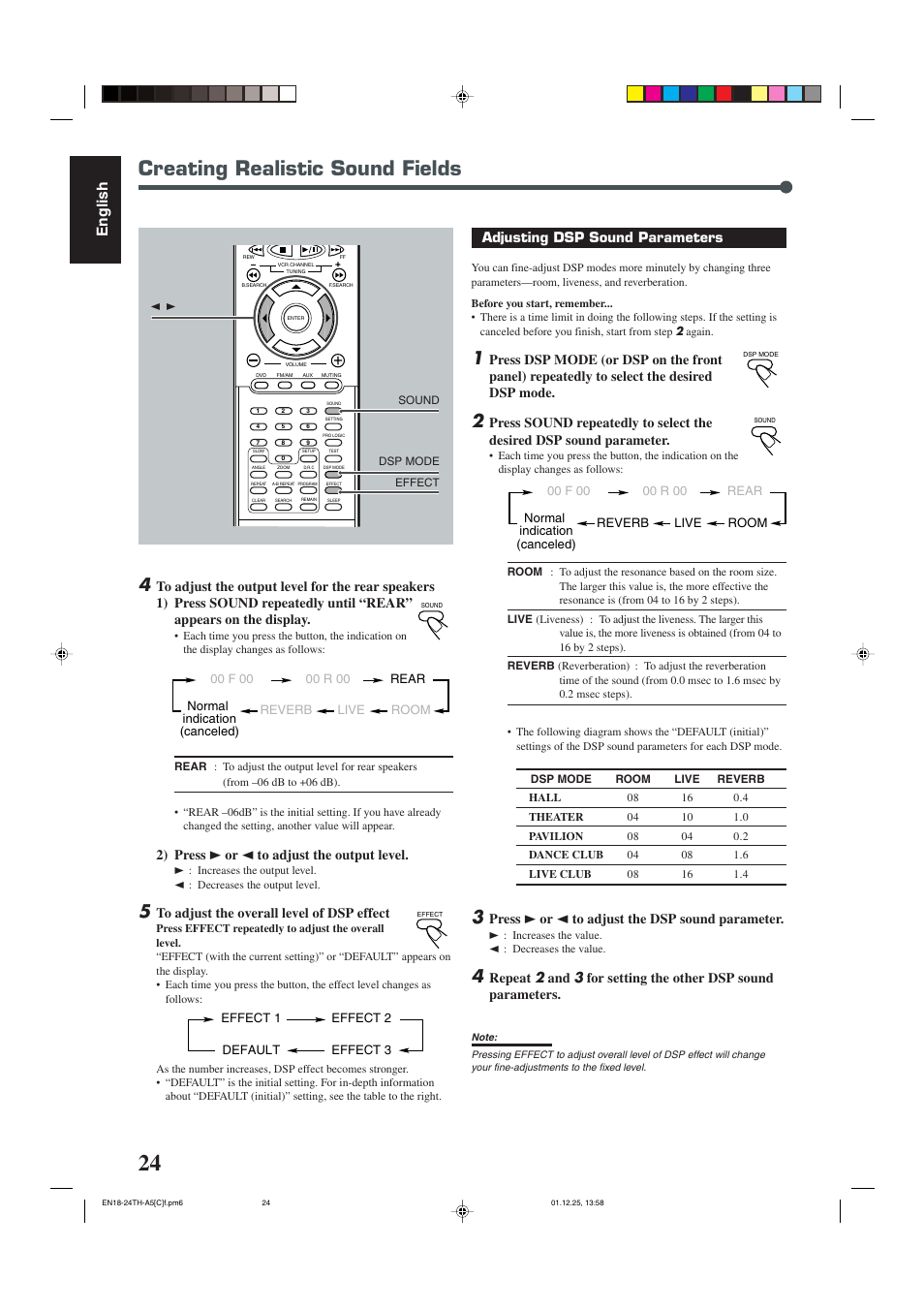 Creating realistic sound fields, English, Adjusting dsp sound parameters | Press 3 or 2 to adjust the dsp sound parameter, 2) press 3 or 2 to adjust the output level | JVC TH-45 User Manual | Page 86 / 117