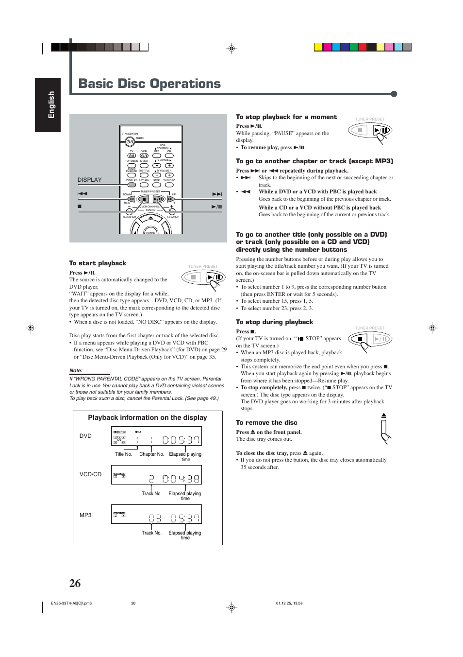 Basic disc operations, English, Playback information on the display | JVC TH-45 User Manual | Page 88 / 117