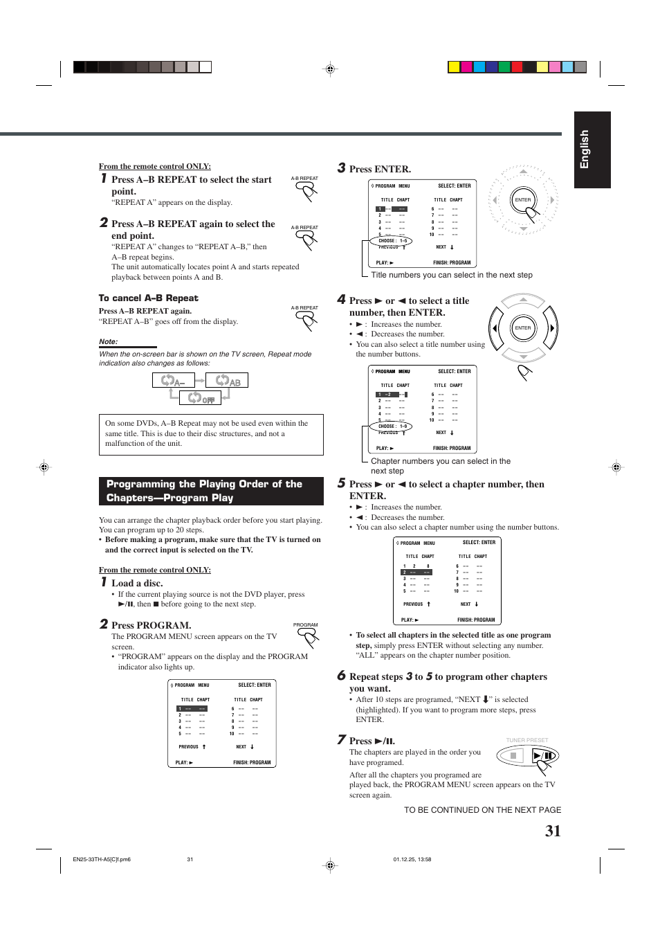English, Press a–b repeat to select the start point, Press a–b repeat again to select the end point | Load a disc, Press program, Press enter, Press 3 or 2 to select a title number, then enter, Press 3 / 8 | JVC TH-45 User Manual | Page 93 / 117