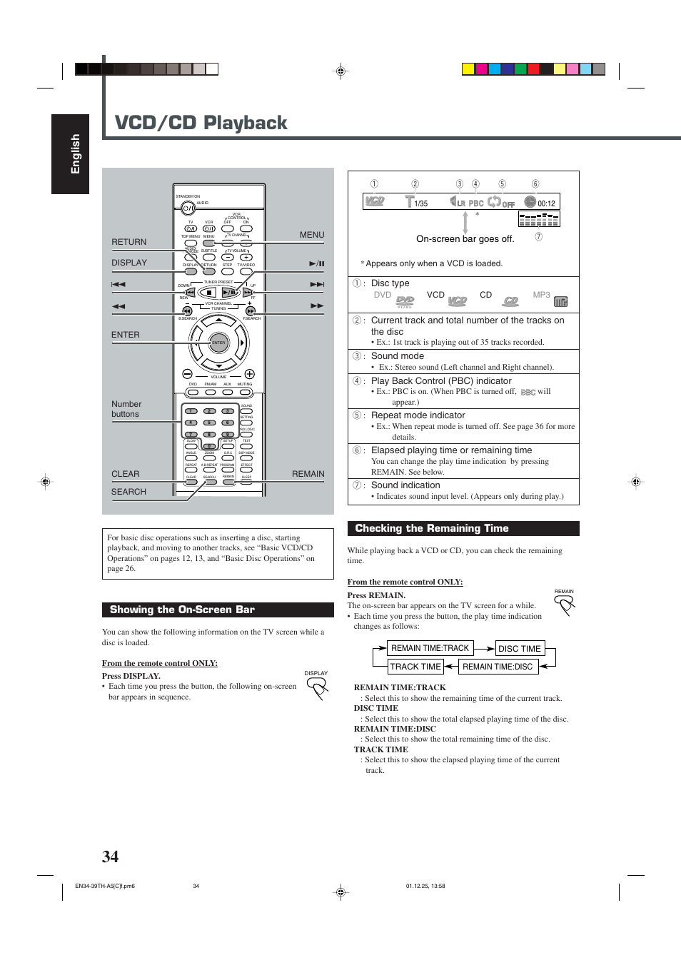 Vcd/cd playback, English, Showing the on-screen bar | Checking the remaining time, 1 : disc type, 3 : sound mode, 4 : play back control (pbc) indicator, 5 : repeat mode indicator, 6 : elapsed playing time or remaining time, 7 : sound indication | JVC TH-45 User Manual | Page 96 / 117