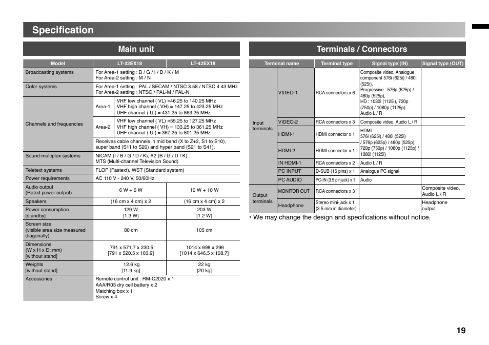 Specification, Speciﬁcation, Main unit terminals / connectors | JVC GGT0220-001A-H User Manual | Page 19 / 20