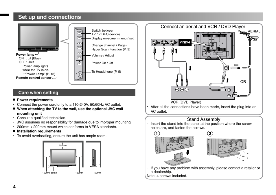 Set up and connections, Care when setting, Connect an aerial and vcr / dvd player | Stand assembly | JVC GGT0220-001A-H User Manual | Page 4 / 20