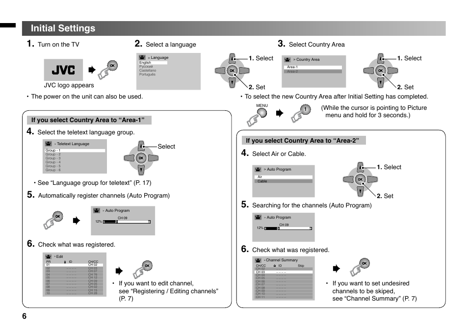 Initial settings, Select, Select the teletext language group | Automatically register channels (auto program), Turn on the tv, Select air or cable. 1. select 2. set, Searching for the channels (auto program), Select a language | JVC GGT0220-001A-H User Manual | Page 6 / 20