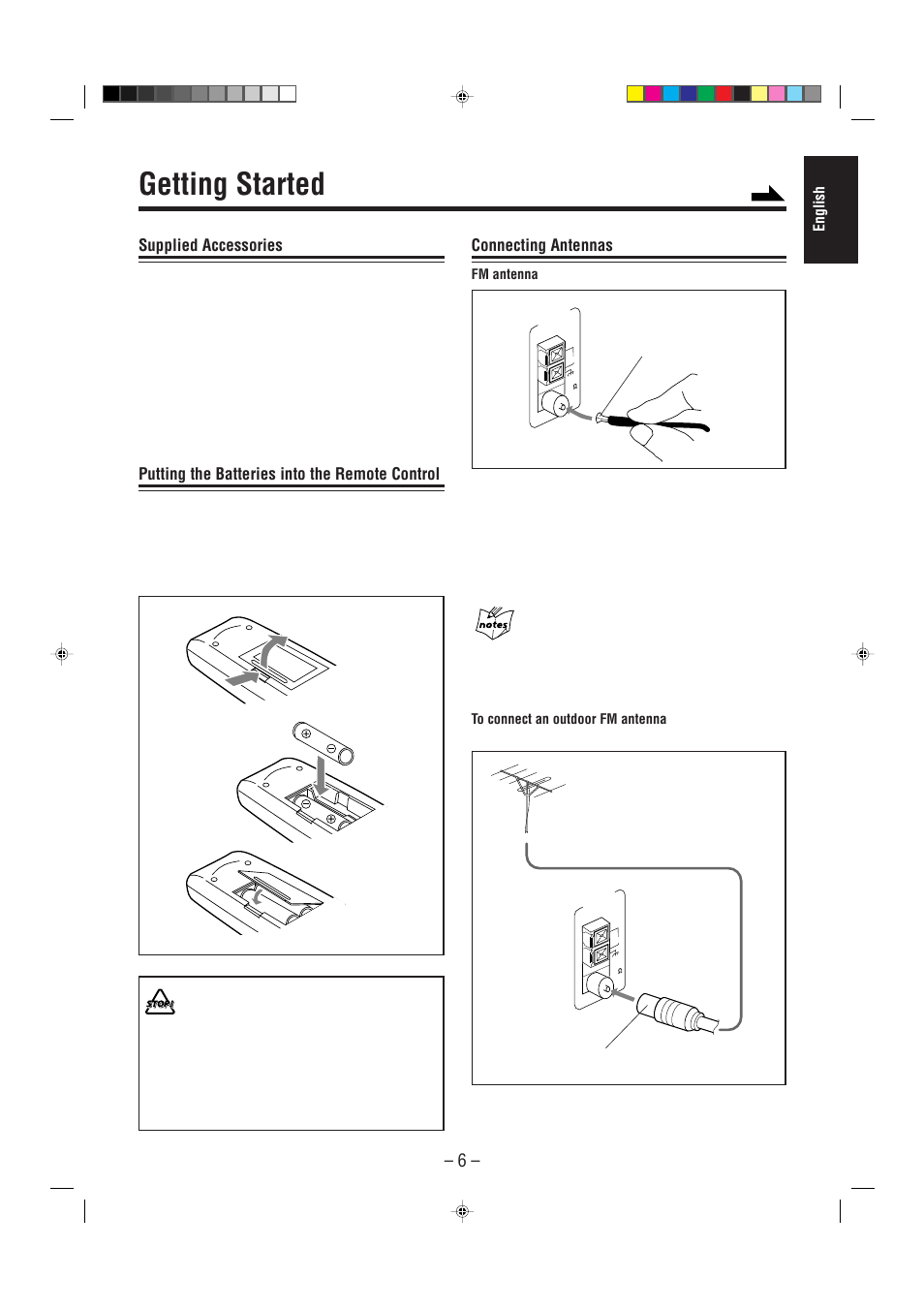 Getting started, Supplied accessories, Putting the batteries into the remote control | Connecting antennas | JVC CA-MXGT80  ES User Manual | Page 11 / 40