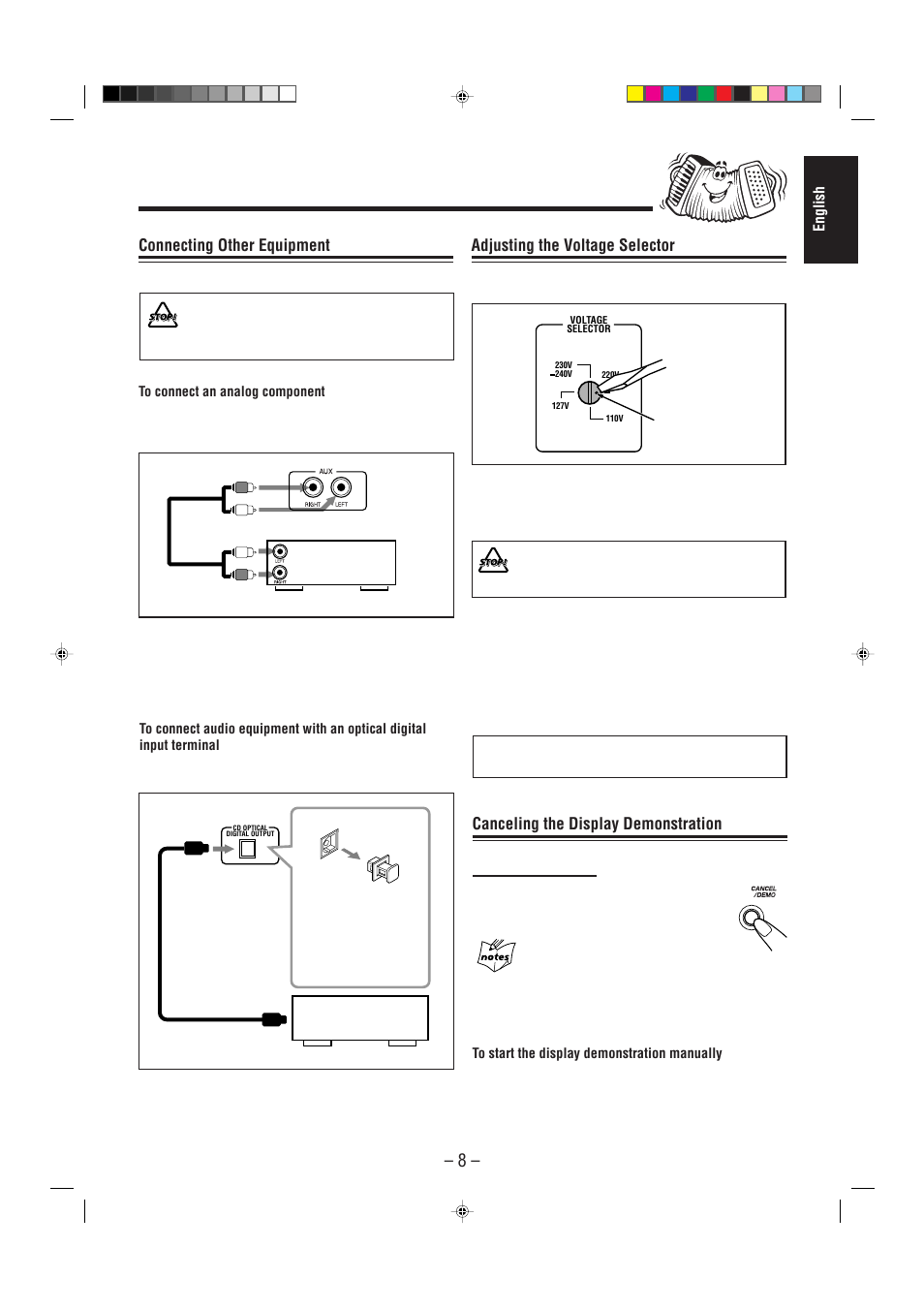 Now, you can plug the ac power cord, Connecting other equipment, Canceling the display demonstration | Adjusting the voltage selector | JVC CA-MXGT80  ES User Manual | Page 13 / 40