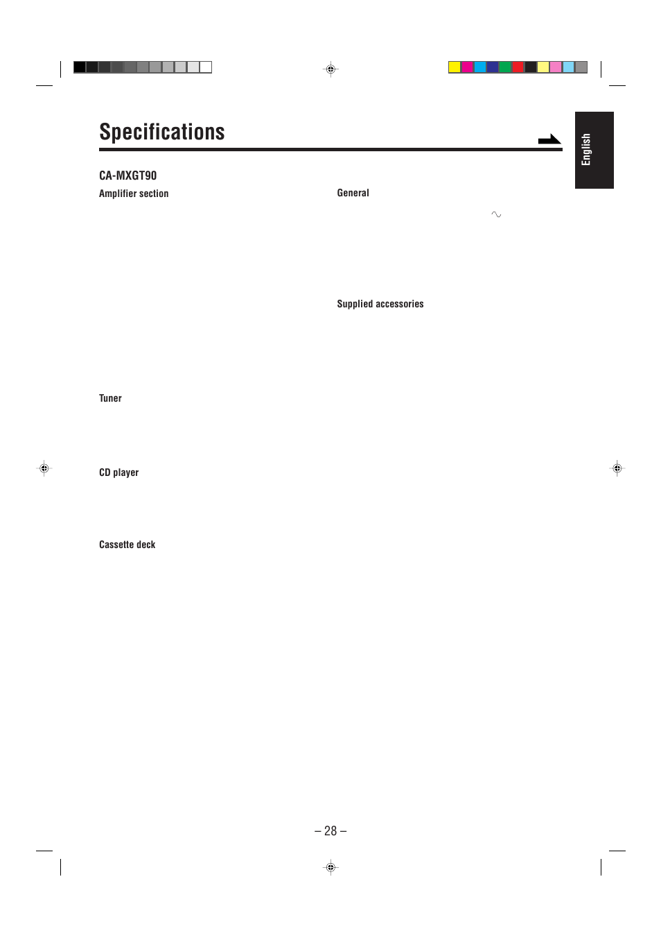 Specifications, Ca-mxgt90, English | JVC CA-MXGT80  ES User Manual | Page 33 / 40