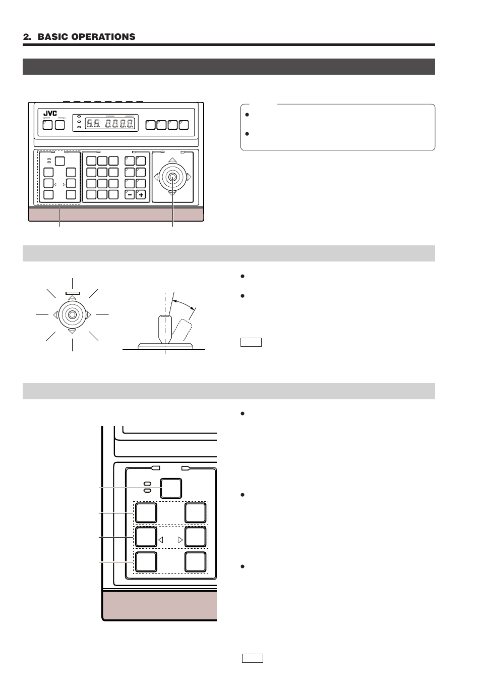 Manual operation, Operating the pan/tilt control lever, Operating the lens | Basic operations, Lens, Operation method speed, Lens operation pan/tilt control lever | JVC RM-P2580 User Manual | Page 12 / 35