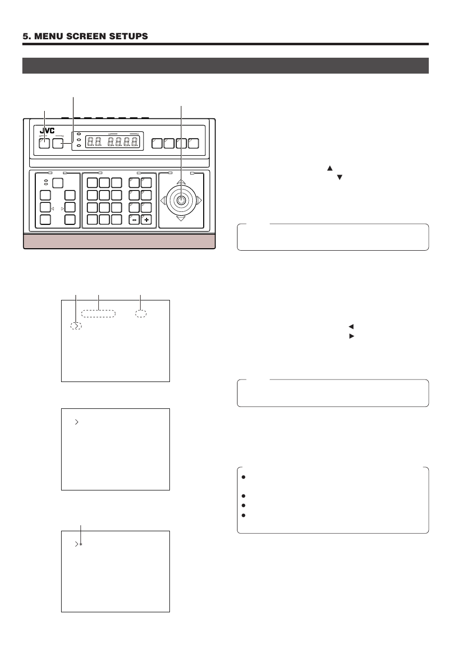 Menu operation, Menu screen setups, Set the power switch on the rear panel to “on | As in step, Select the desired item in the sub-menu, Pan/tilt control lever menu button set button | JVC RM-P2580 User Manual | Page 26 / 35