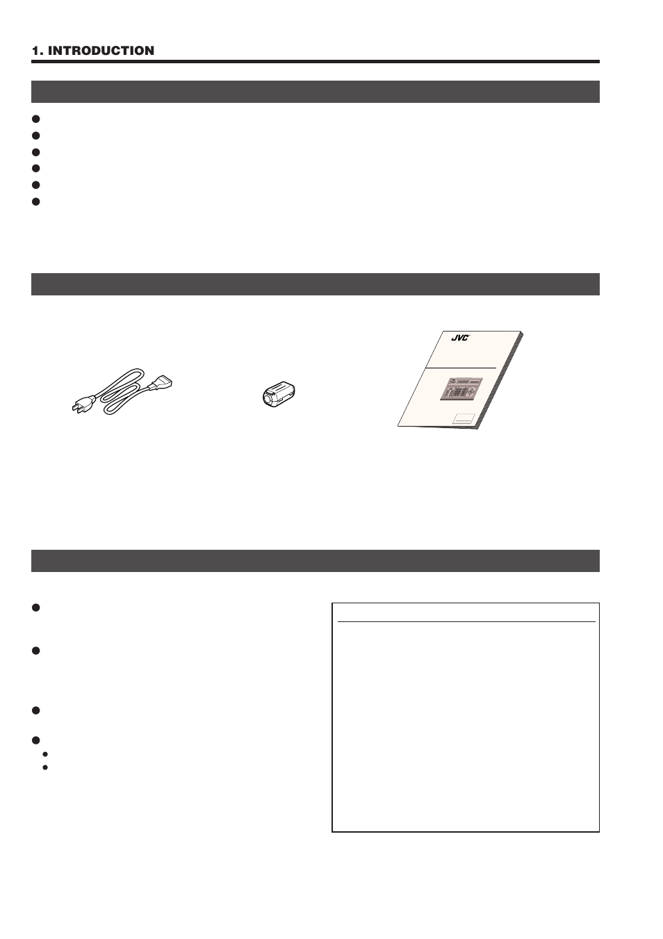 Accessories, Features, Precautions for proper operation | JVC RM-P2580 User Manual | Page 4 / 35