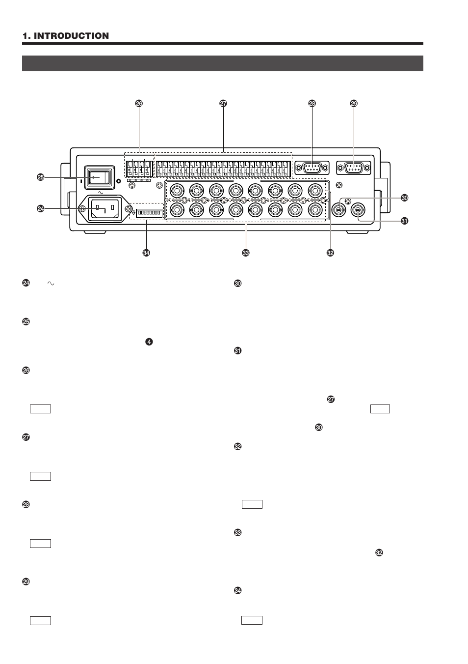 Rear panel, Fl ‡ ° › fi, Introduction | Ac ` input] ac power input connector, Power] switch, Data i/o] data signal input/output terminals, Video input] video signal input connectors, Video output] video signal output connectors, Dip switch, Controls, connectors and indicators (continued) | JVC RM-P2580 User Manual | Page 8 / 35