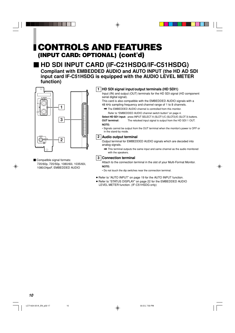 Controls and features, Hd sdi input card (if-c21hsdg/if-c51hsdg), Cont'd) | Input card: optional) | JVC DT-V1910CG User Manual | Page 10 / 228