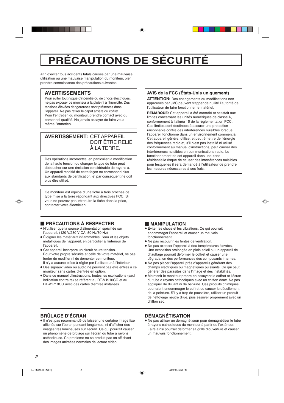 Precautions de securite, Précautions de sécurité, Avertissements | JVC DT-V1910CG User Manual | Page 100 / 228