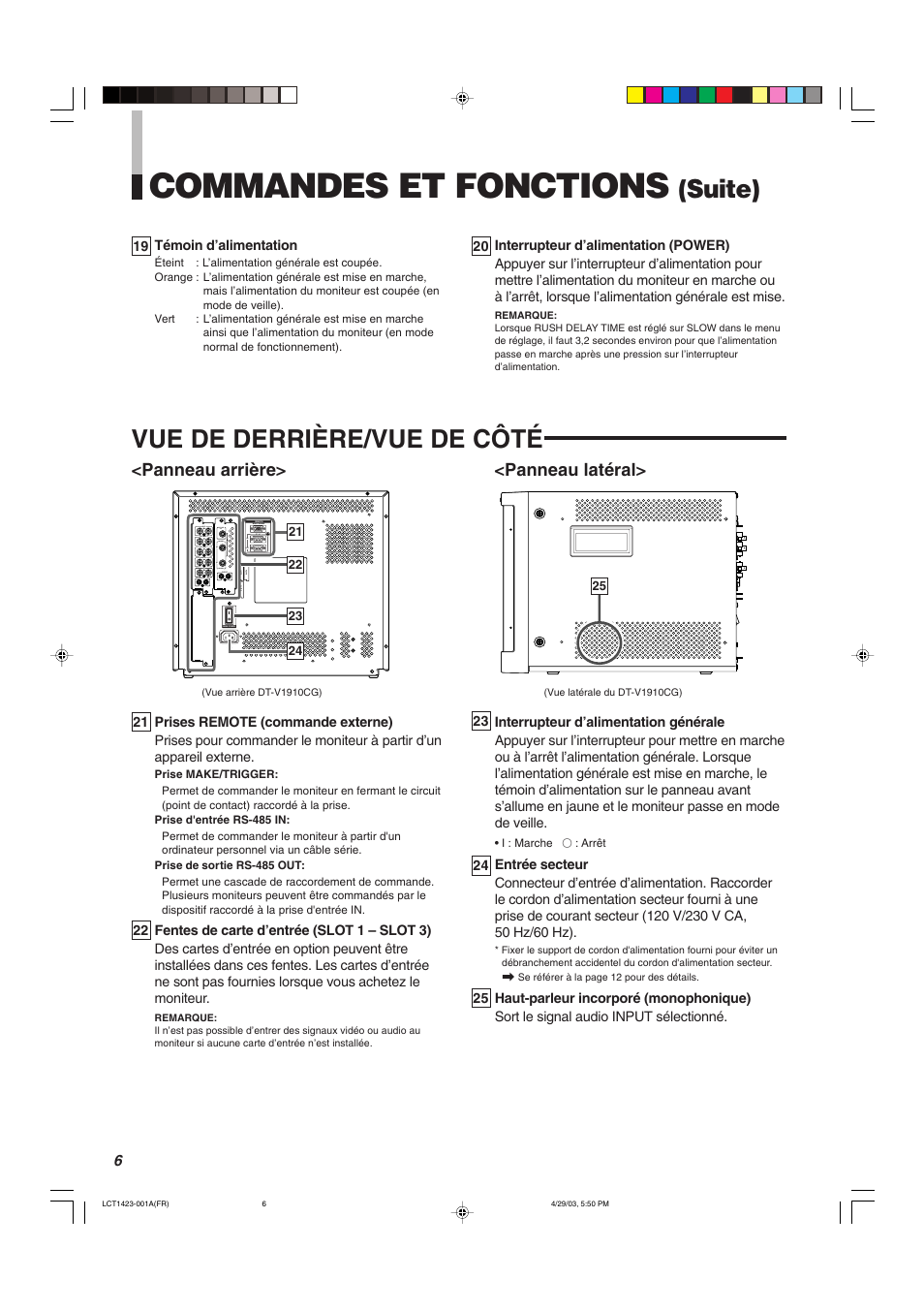 Commandes et fonctions, Vue de derrière/vue de côté, Suite) | Panneau arrière, Panneau latéral | JVC DT-V1910CG User Manual | Page 104 / 228