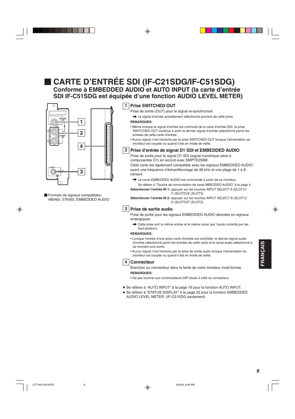 Carte d’entrée sdi (if-c21sdg/if-c51sdg), Français | JVC DT-V1910CG User Manual | Page 107 / 228