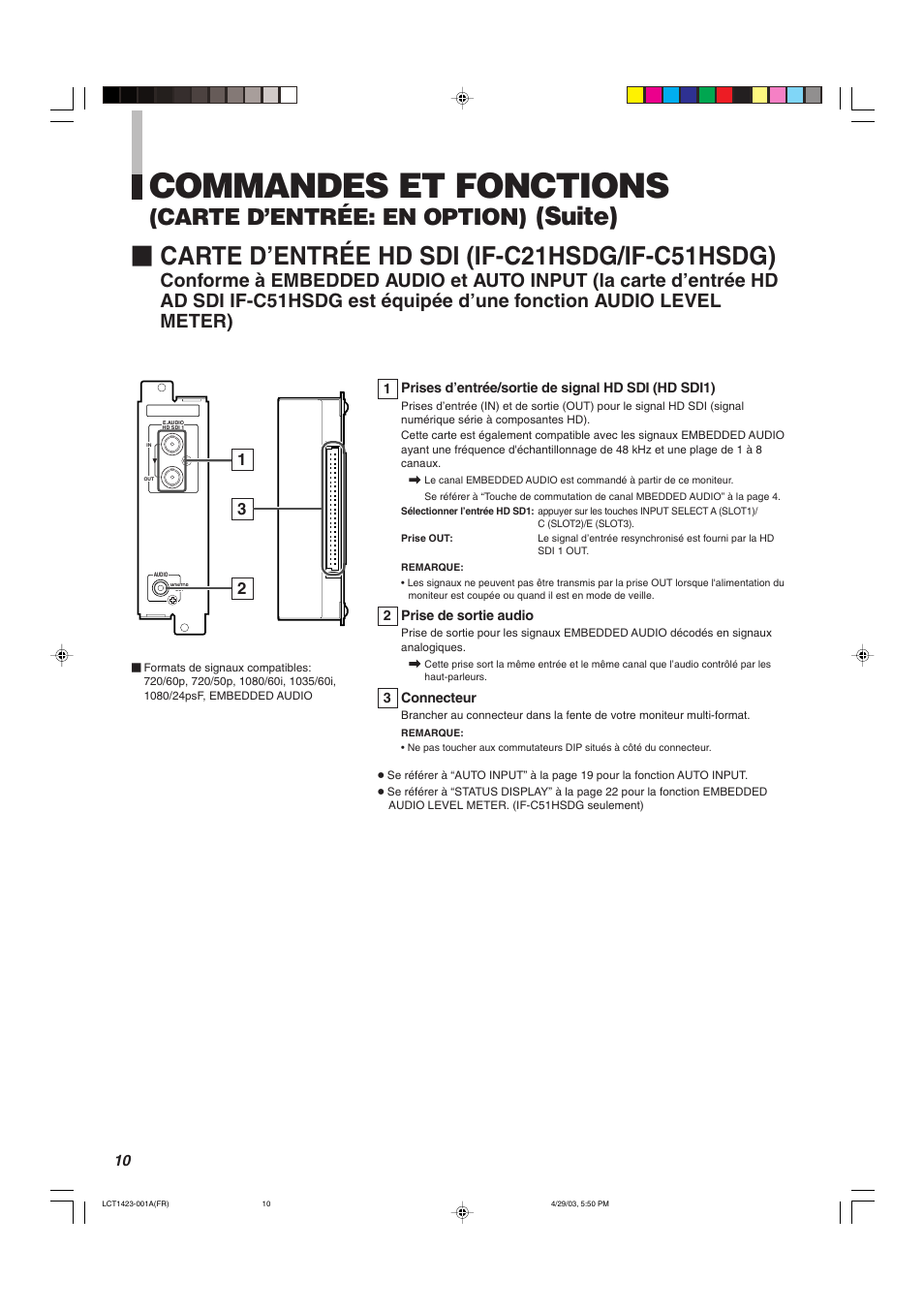 Commandes et fonctions, Carte d’entrée hd sdi (if-c21hsdg/if-c51hsdg), Suite) | Carte d’entrée: en option) | JVC DT-V1910CG User Manual | Page 108 / 228