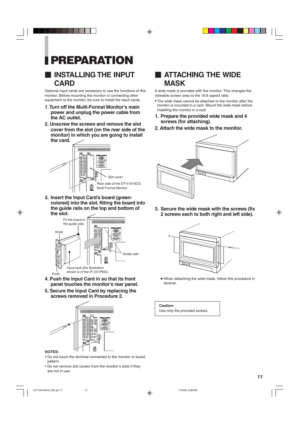 Preparation, Installing the input card, Attaching the wide mask | JVC DT-V1910CG User Manual | Page 11 / 228
