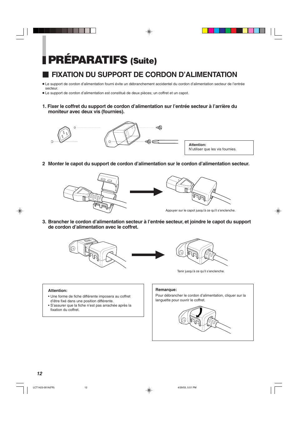 Préparatifs, Suite), Fixation du support de cordon d’alimentation | JVC DT-V1910CG User Manual | Page 110 / 228