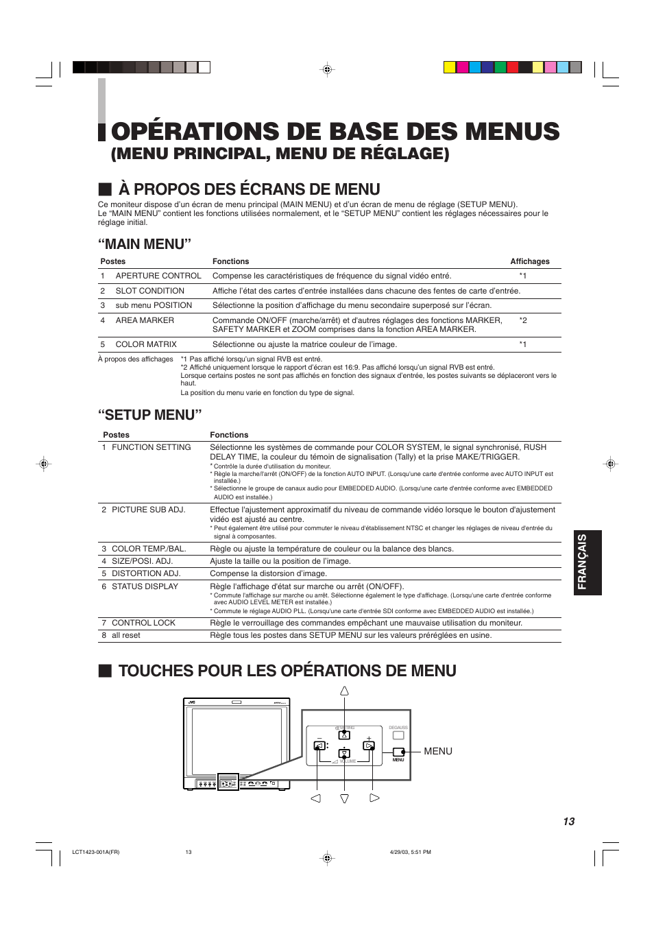 Operations de base des menus, Opérations de base des menus, Touches pour les opérations de menu | Main menu, Setup menu | JVC DT-V1910CG User Manual | Page 111 / 228