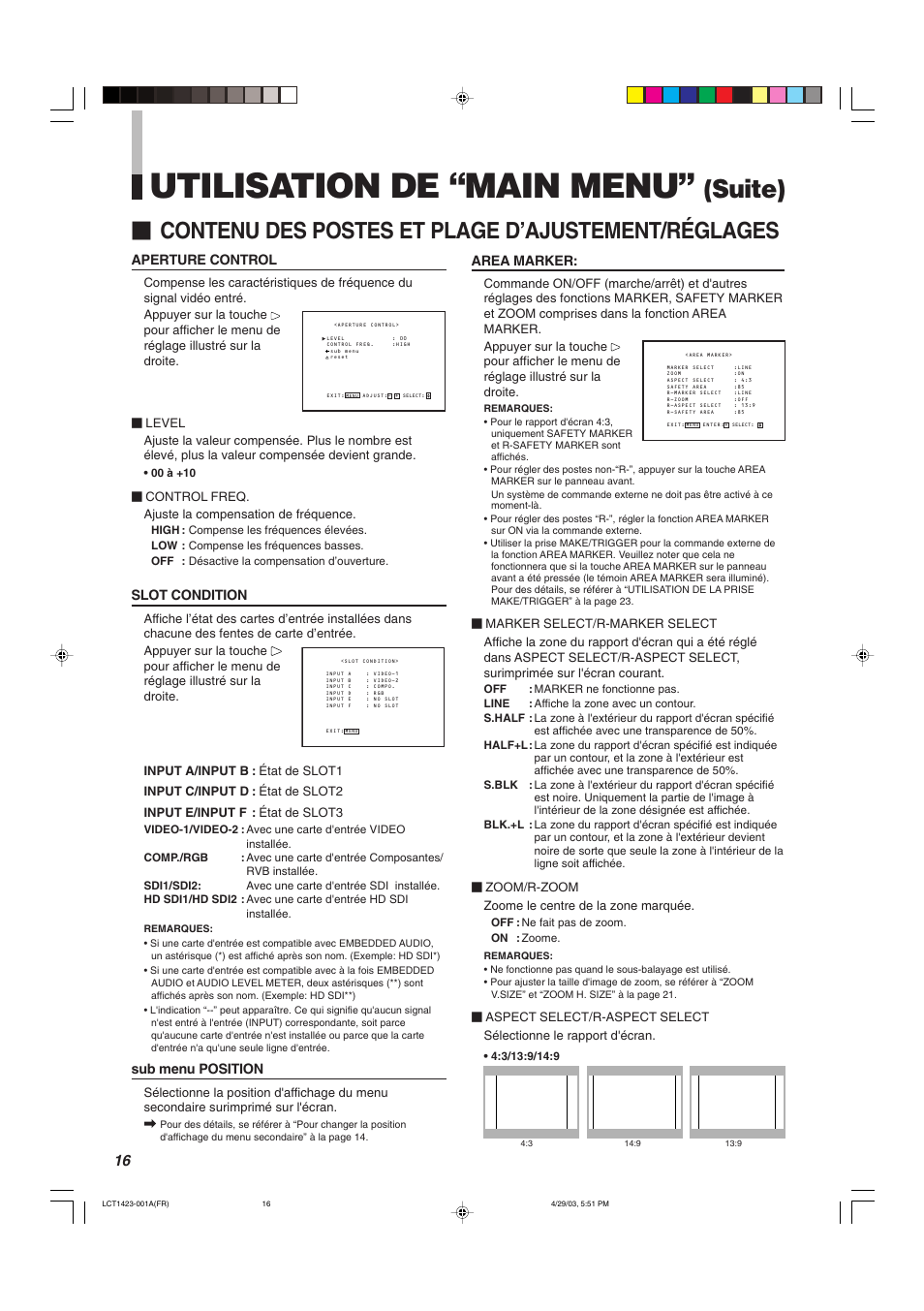 Utilisation de “main menu, Suite), Contenu des postes et plage d’ajustement/réglages | Aperture control, Sub menu position, Slot condition, Area marker | JVC DT-V1910CG User Manual | Page 114 / 228