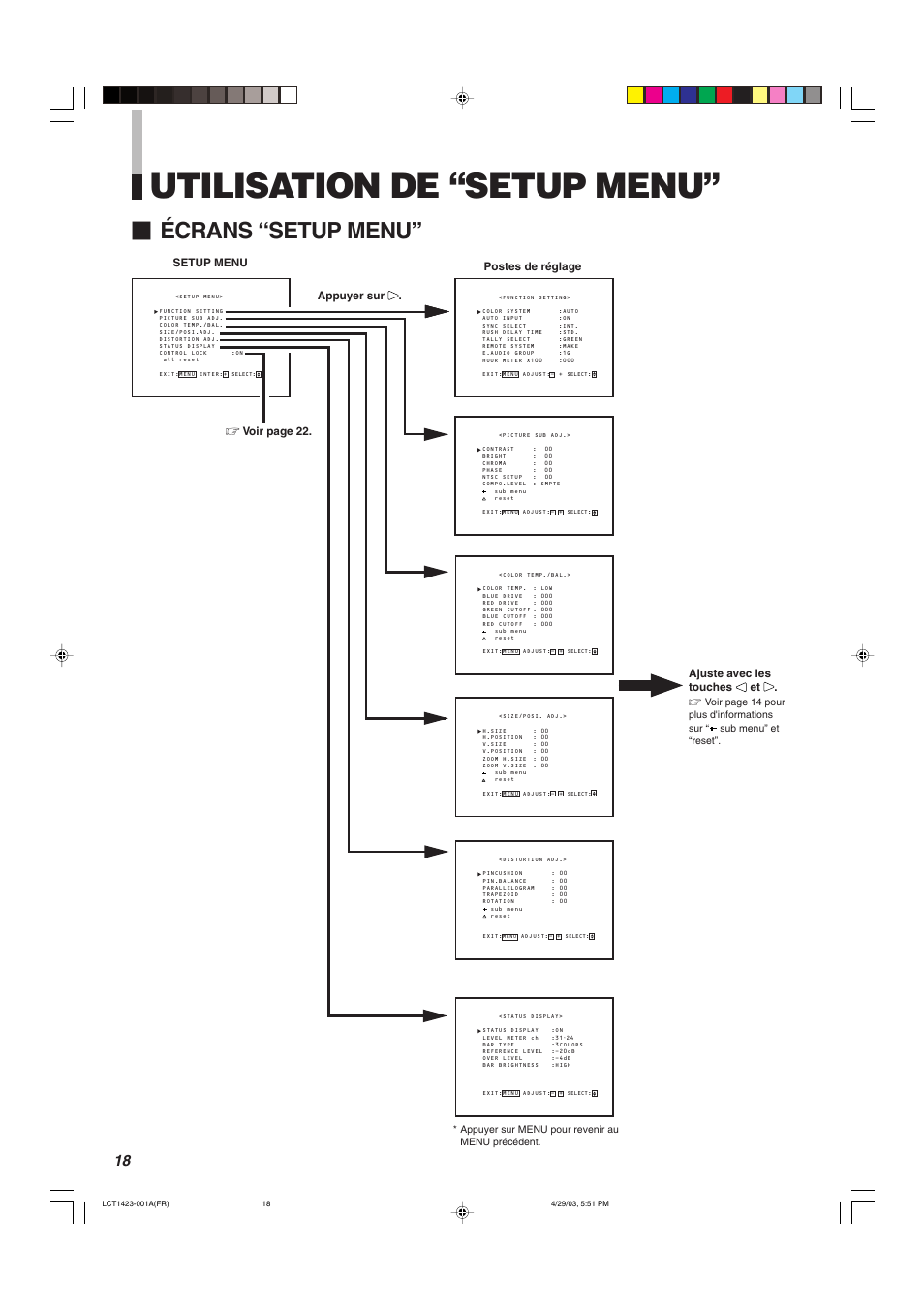 Utilisation de “setup menu, Écrans “setup menu, Appuyer sur | JVC DT-V1910CG User Manual | Page 116 / 228