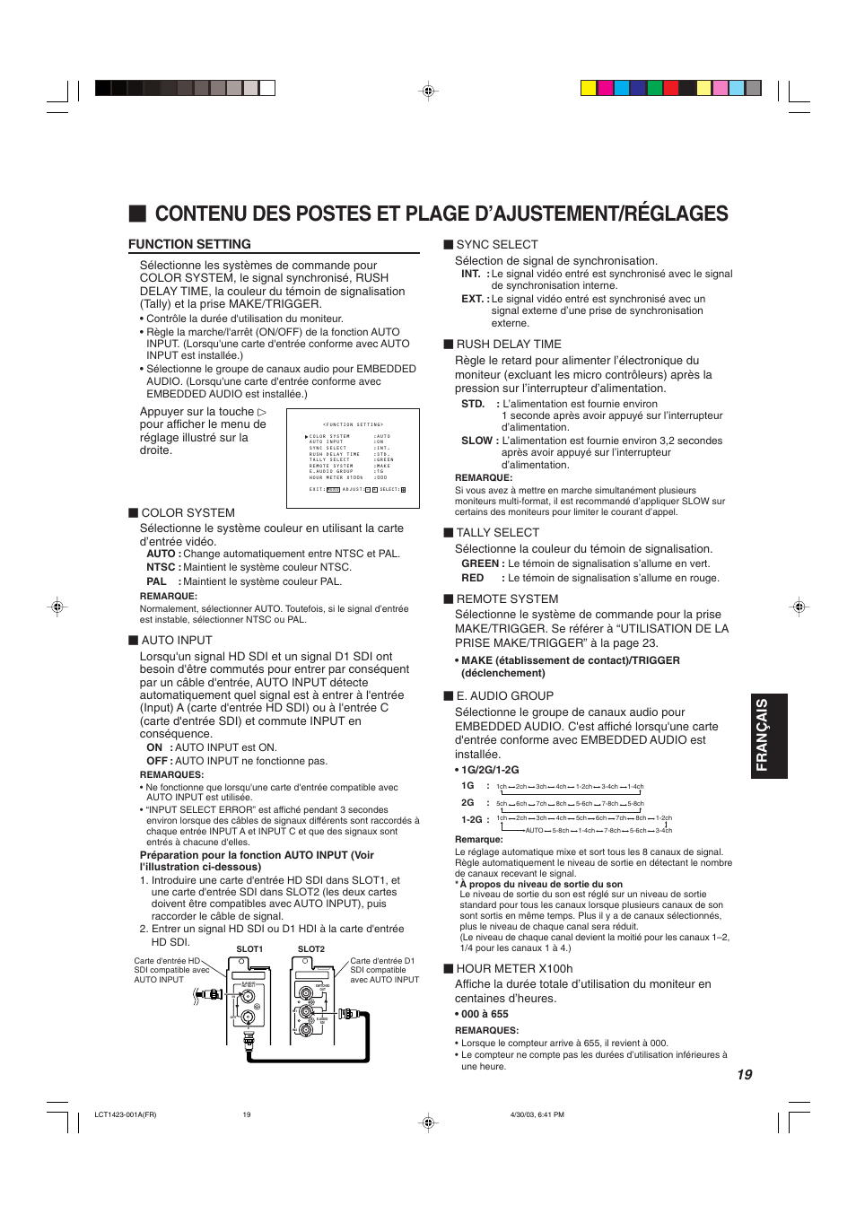 Contenu des postes et plage d’ajustement/réglages, Français, Function setting | Sync select sélection de signal de synchronisation | JVC DT-V1910CG User Manual | Page 117 / 228