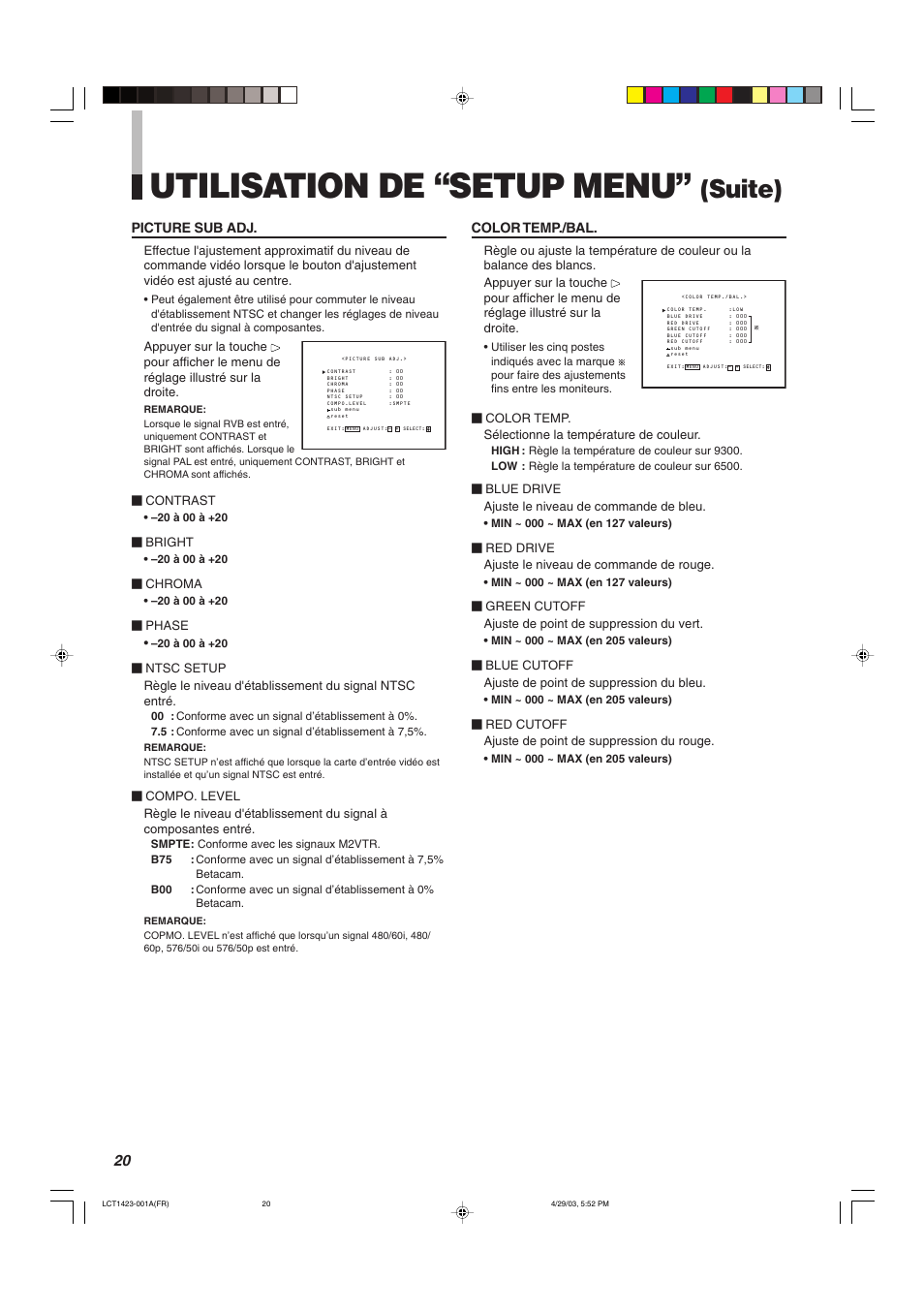 Utilisation de “setup menu, Suite) | JVC DT-V1910CG User Manual | Page 118 / 228