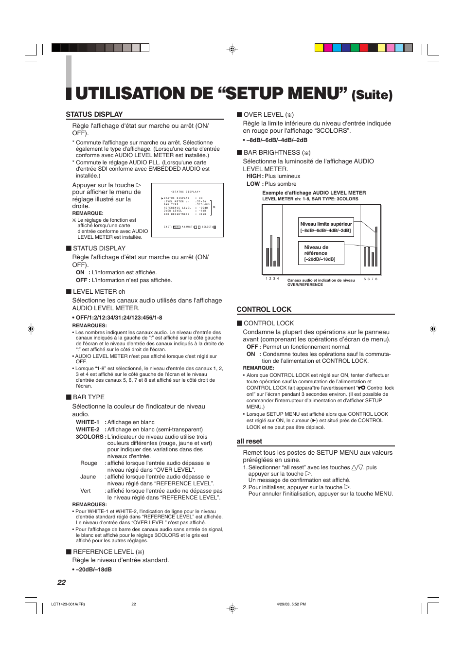 Utilisation de “setup menu, Suite), Status display | Control lock, All reset | JVC DT-V1910CG User Manual | Page 120 / 228