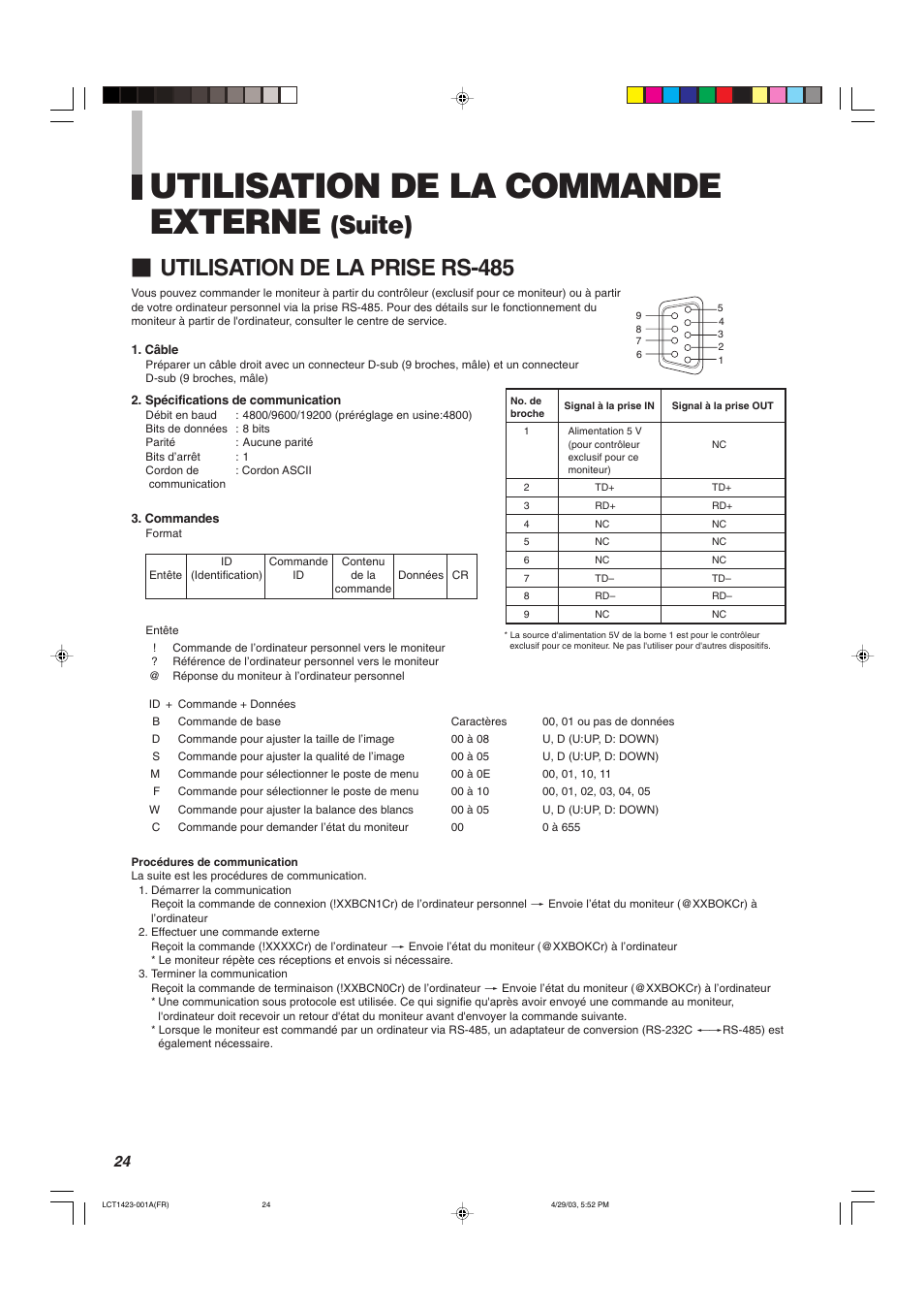 Utilisation de la commande externe, Suite), Utilisation de la prise rs-485 | JVC DT-V1910CG User Manual | Page 122 / 228