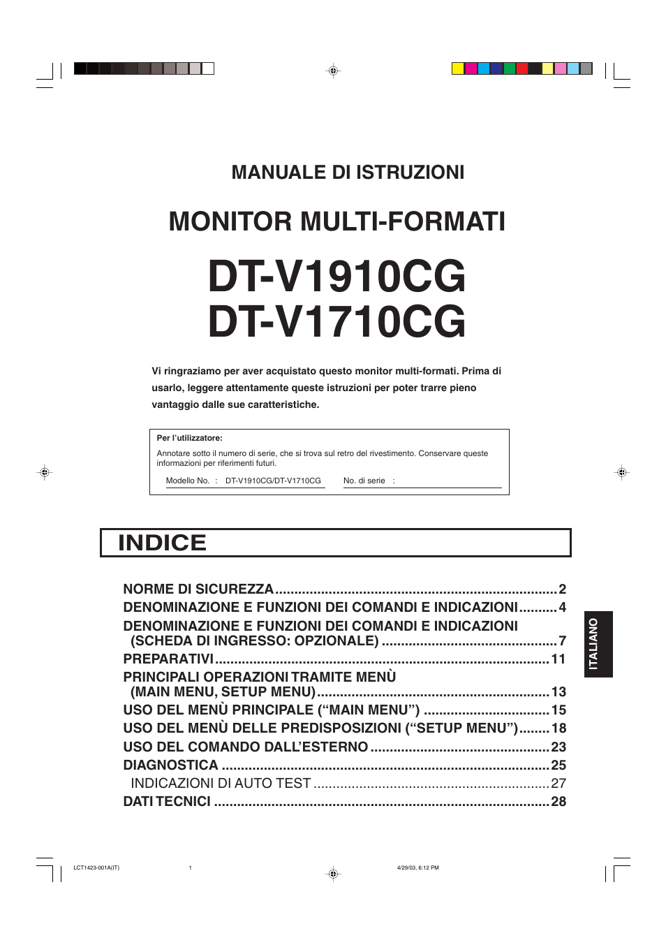 Manuale di istruzioni, Indice, Monitor multi-formati | JVC DT-V1910CG User Manual | Page 131 / 228