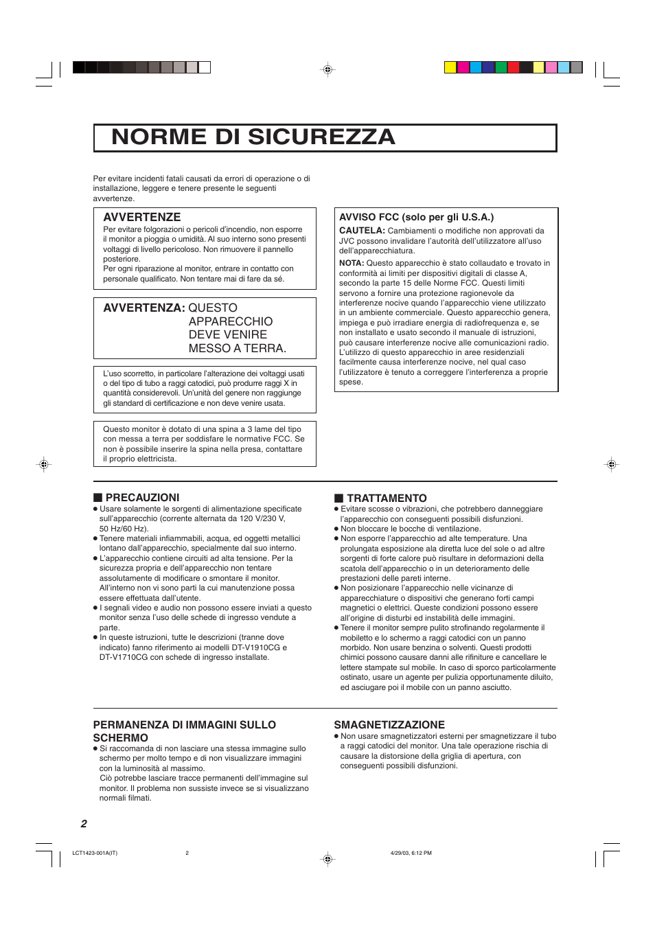 Norme di sicurezza, Avvertenze | JVC DT-V1910CG User Manual | Page 132 / 228