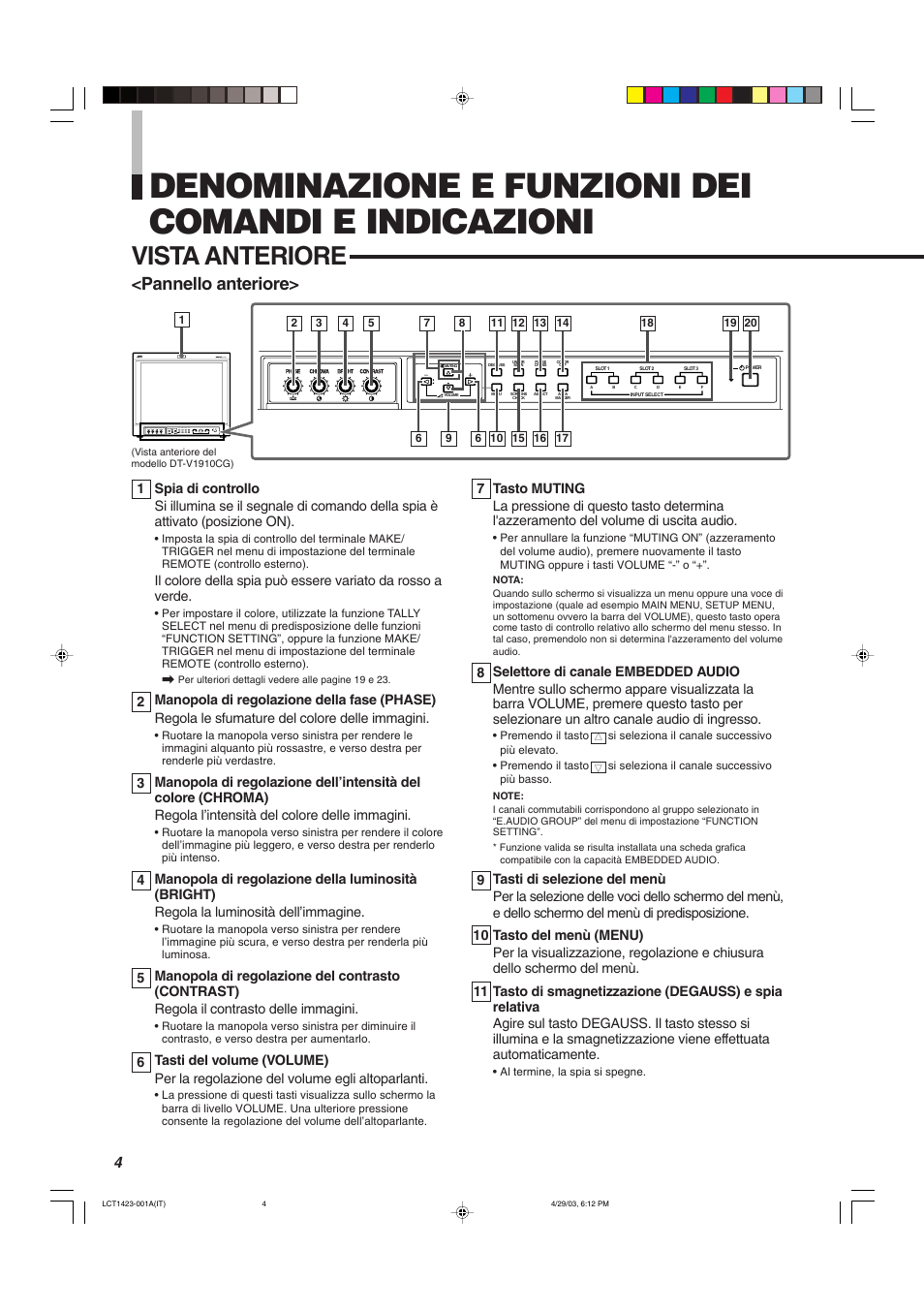 Denominazione e funzioni dei comandi e indicazioni, Vista anteriore, Pannello anteriore | JVC DT-V1910CG User Manual | Page 134 / 228