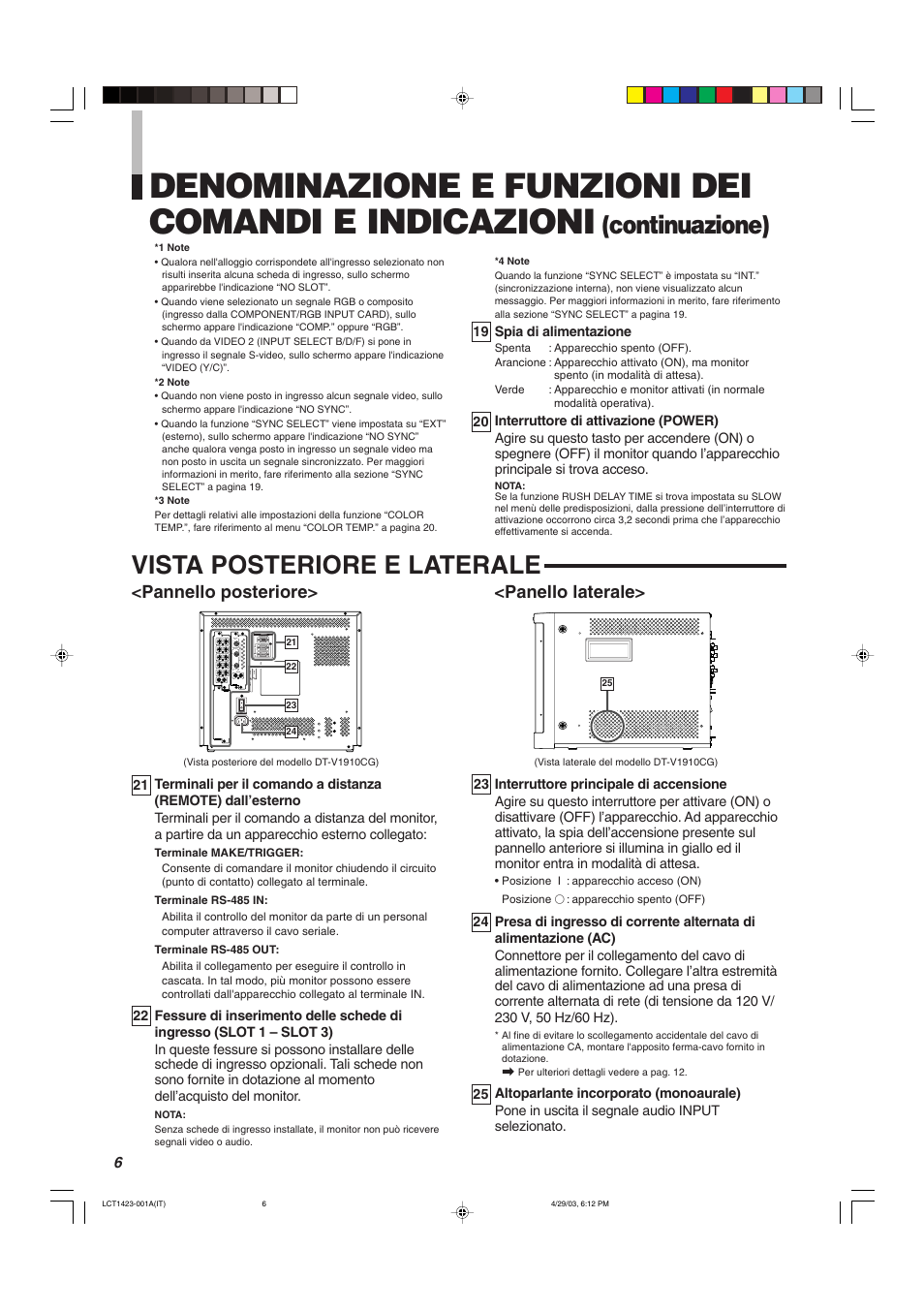 Denominazione e funzioni dei comandi e indicazioni, Vista posteriore e laterale, Continuazione) | Pannello posteriore, Panello laterale | JVC DT-V1910CG User Manual | Page 136 / 228
