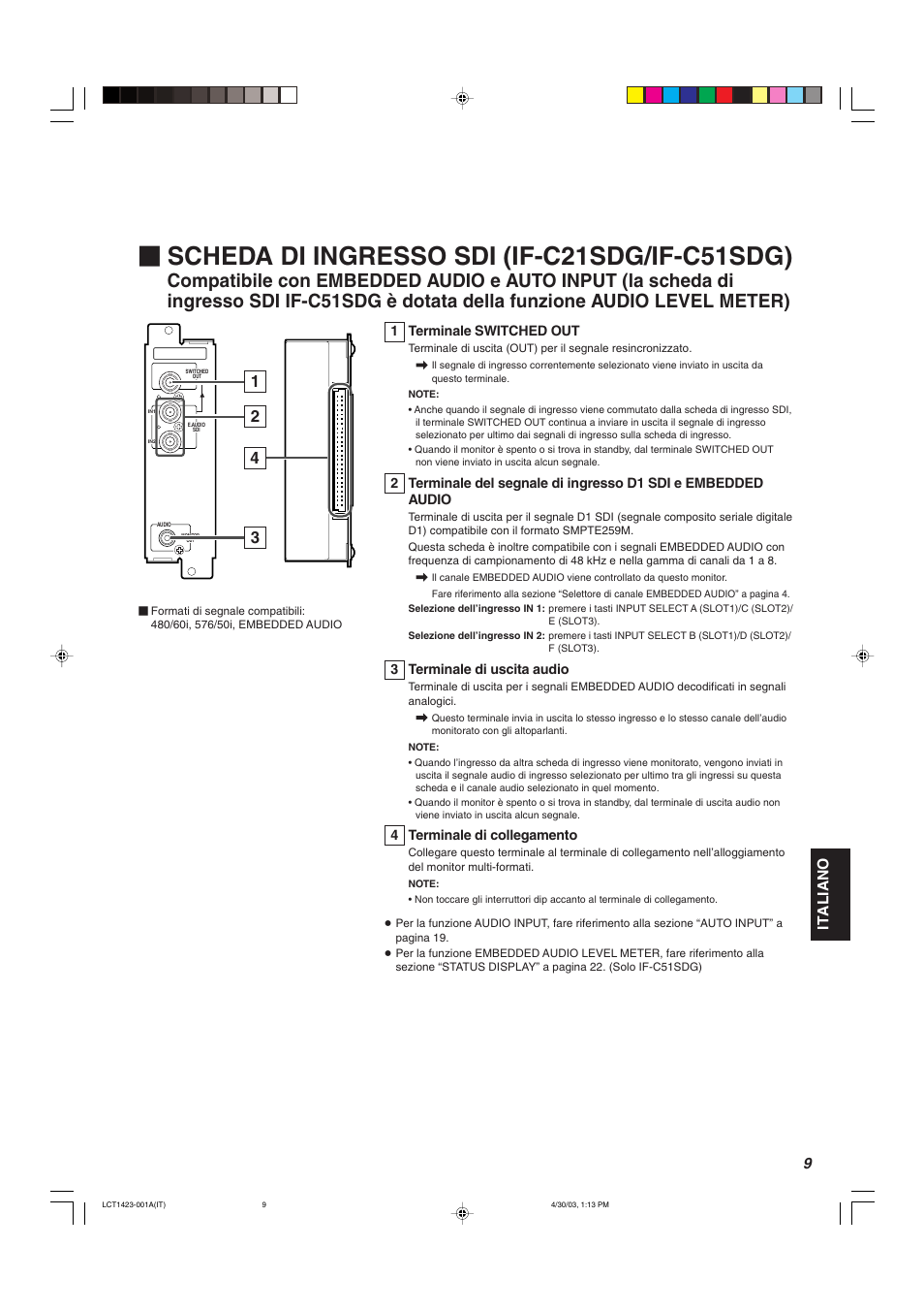 Scheda di ingresso sdi (if-c21sdg/if-c51sdg), Italiano | JVC DT-V1910CG User Manual | Page 139 / 228