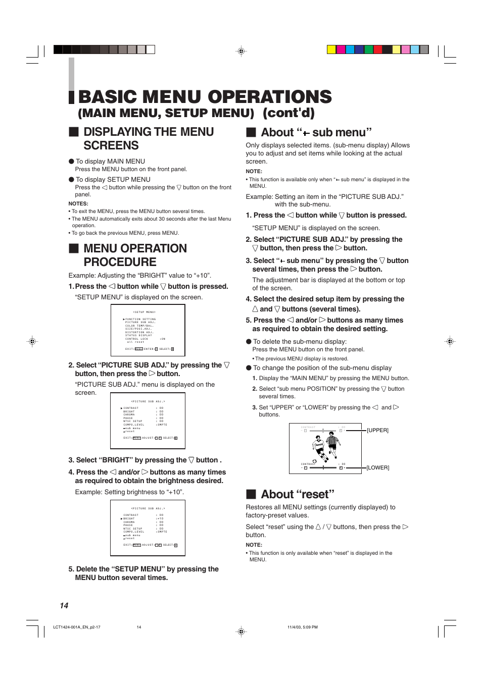 Basic menu operations, Cont'd), Displaying the menu screens | Menu operation procedure, About “ sub menu, Main menu, setup menu), About “reset | JVC DT-V1910CG User Manual | Page 14 / 228
