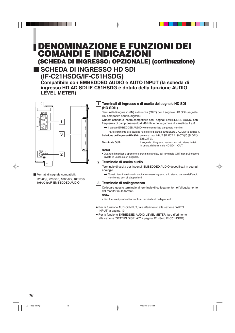 Denominazione e funzioni dei comandi e indicazioni, Scheda di ingresso hd sdi (if-c21hsdg/if-c51hsdg), Continuazione) | Scheda di ingresso: opzionale) | JVC DT-V1910CG User Manual | Page 140 / 228