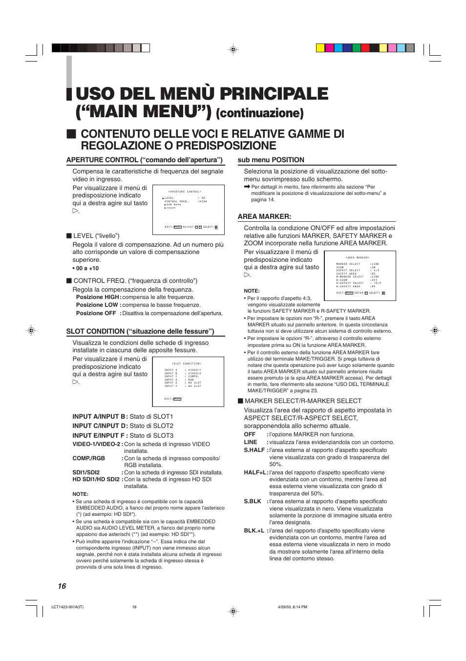 Uso del menù principale (“main menu”), Continuazione), Area marker | Aperture control (“comando dell’apertura”), Slot condition (“situazione delle fessure”), Sub menu position | JVC DT-V1910CG User Manual | Page 146 / 228