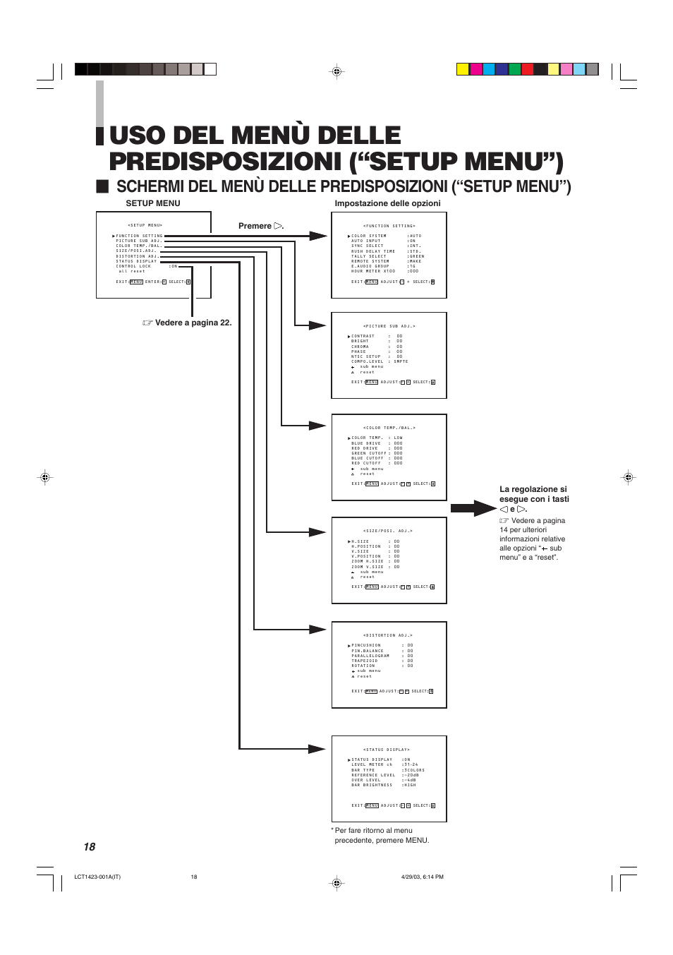 Uso del menu delle predisposizioni (“setup menu”), Uso del menù delle predisposizioni (“setup menu”), Premere | JVC DT-V1910CG User Manual | Page 148 / 228