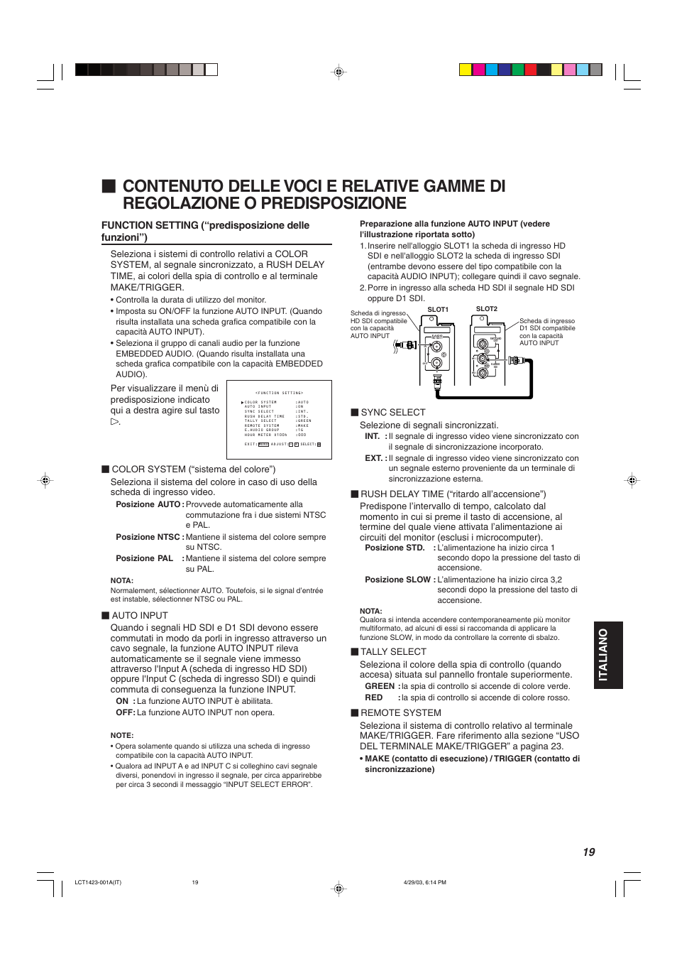 Italiano, Sync select selezione di segnali sincronizzati | JVC DT-V1910CG User Manual | Page 149 / 228